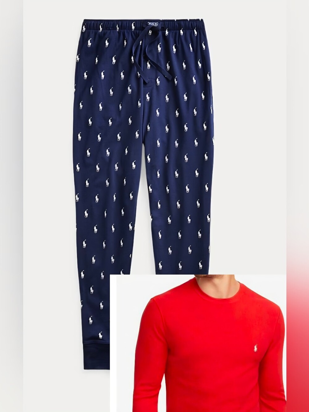 2PC MEDIUM VINTAGE Polo by Ralph Lauren Red Top Navy Pony-Print Pajama Pants SET